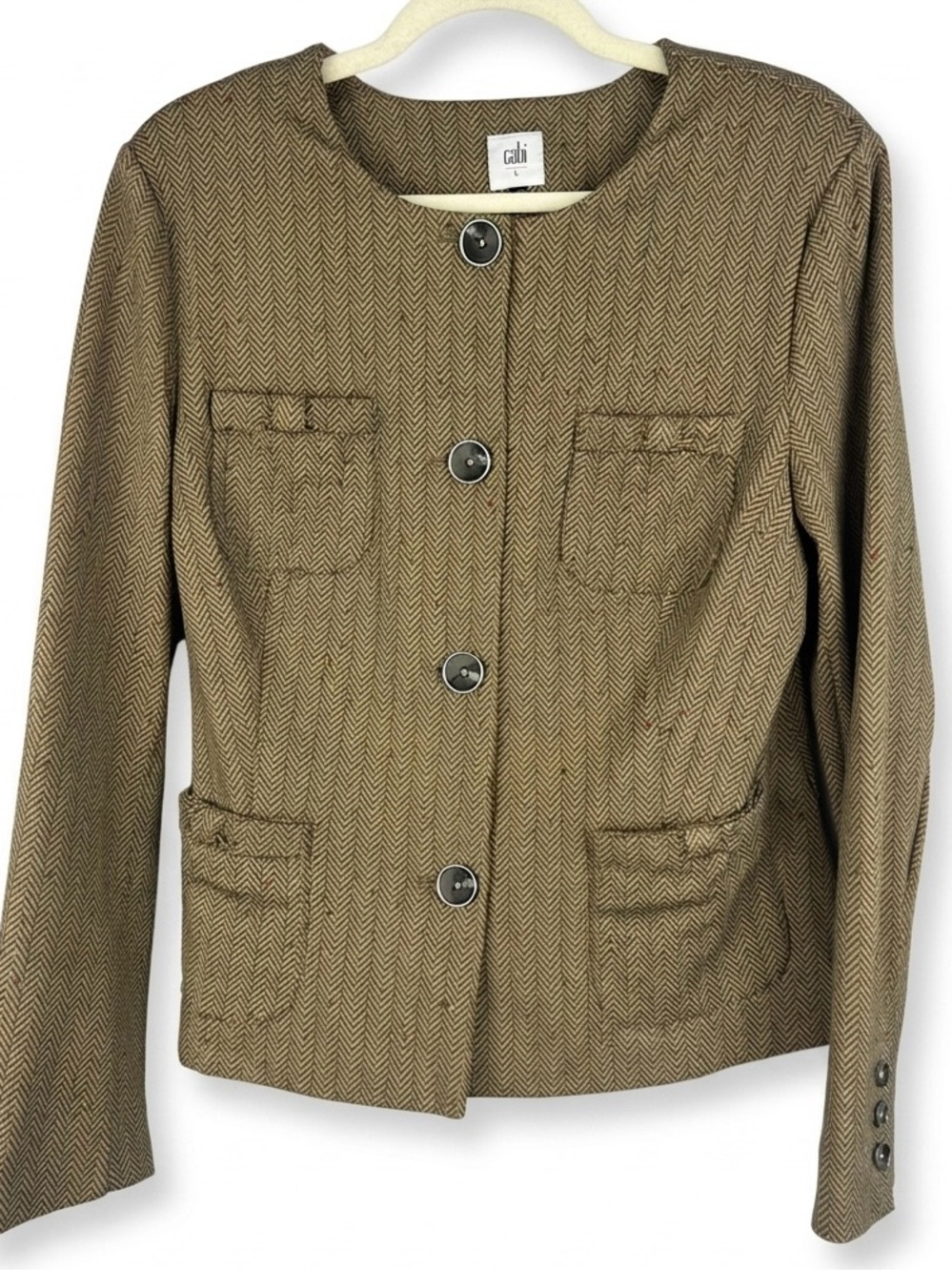 cabi Speckled Herringbone Fleck Knit Jacket Blazer Sz L Brown Tweed Style 3170